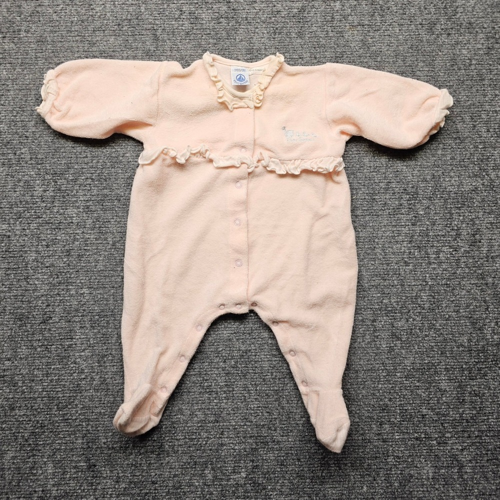 Petit Bateau Peach Velour Footed Sleeper Ruffle Trim Made in France 3M 60cm